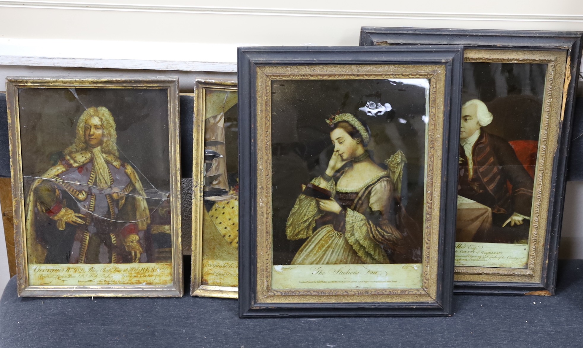 Spencer after Benwell, reverse print on glass, 'The Studious Fair', 36 x 26cm, together with four other damaged reverse prints of John Wilkes, George II and George III